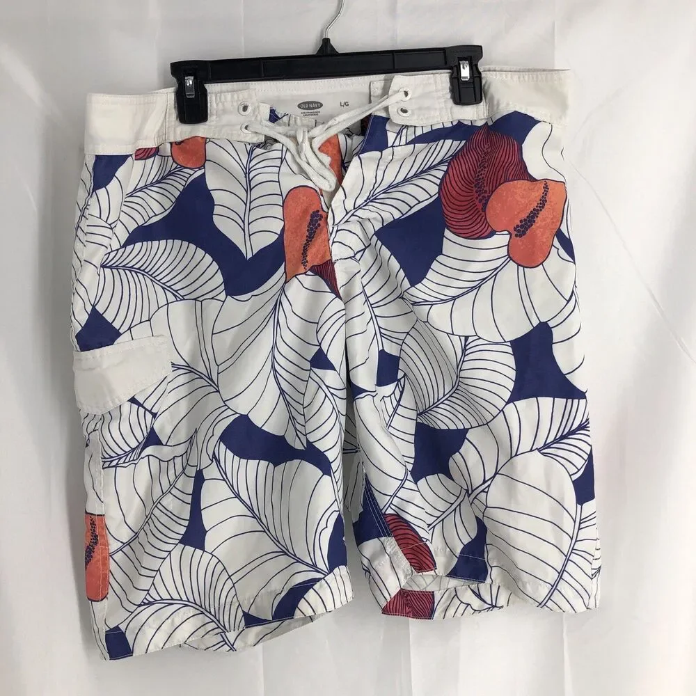 Old Navy Swim Shorts Men's Size Large White Blue Coral Floral Drawstring